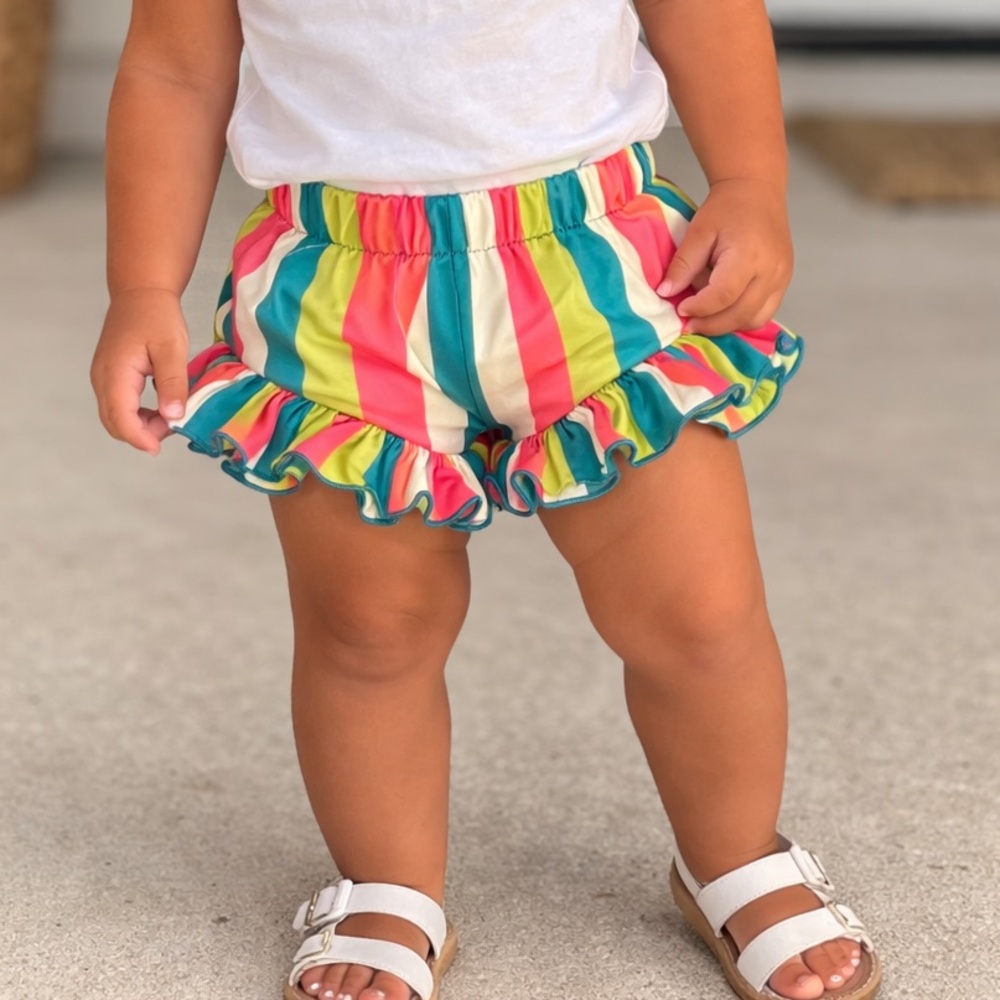 Trendy boutique Teal Rainbow Striped Cotton Ruffle Shorts Cover Modesty